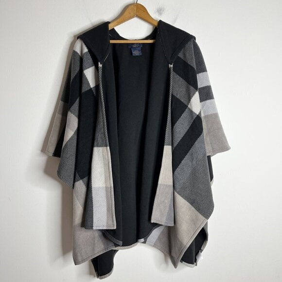 Rachel Roy Women's Fleece Cape Poncho One Size Black Plaid Hooded Open Jacket - Picture 2 of 6